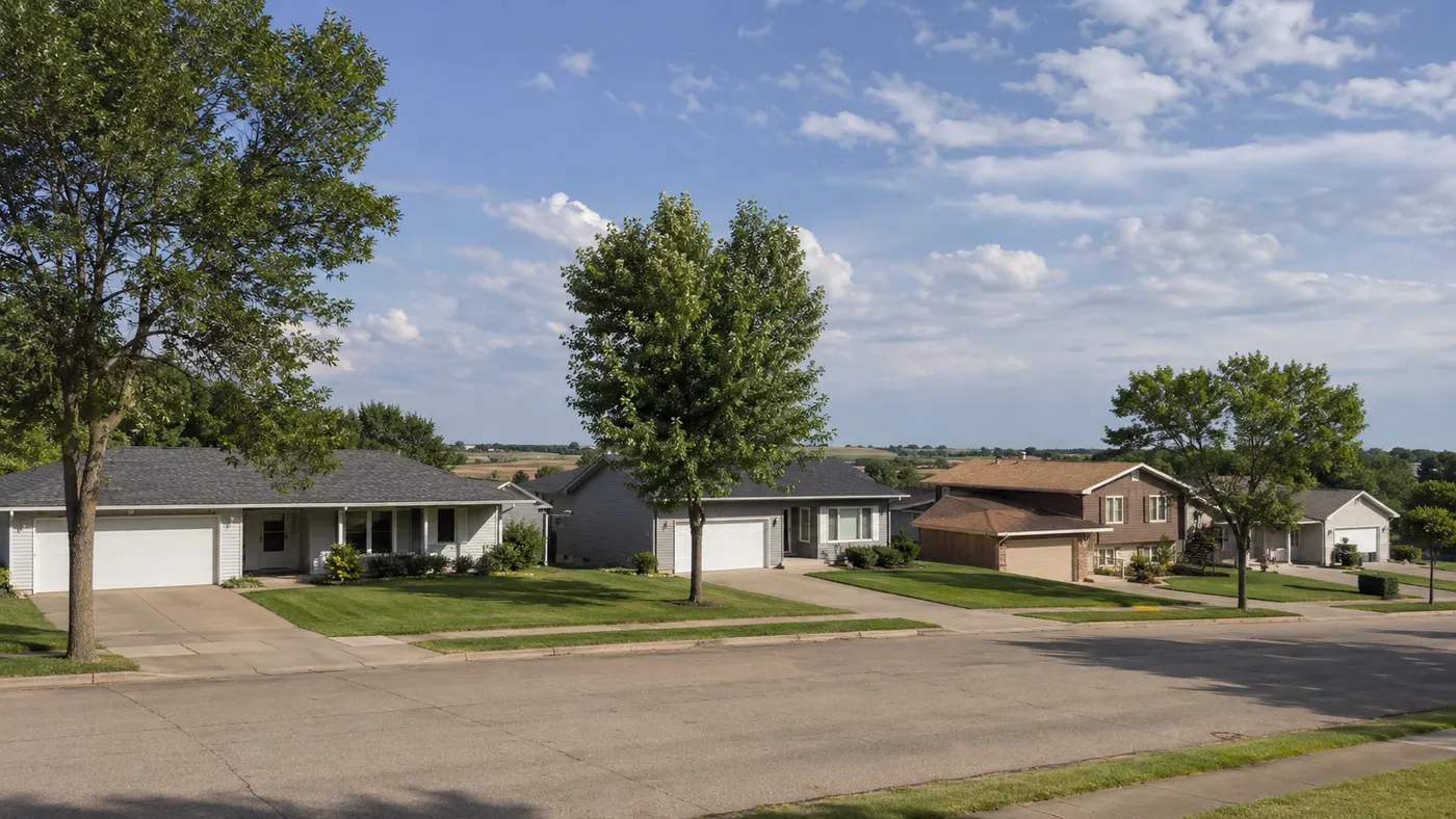 Ranch and split-level homes on a quiet Sioux Falls street, the housing stock most local radon mitigation systems go into