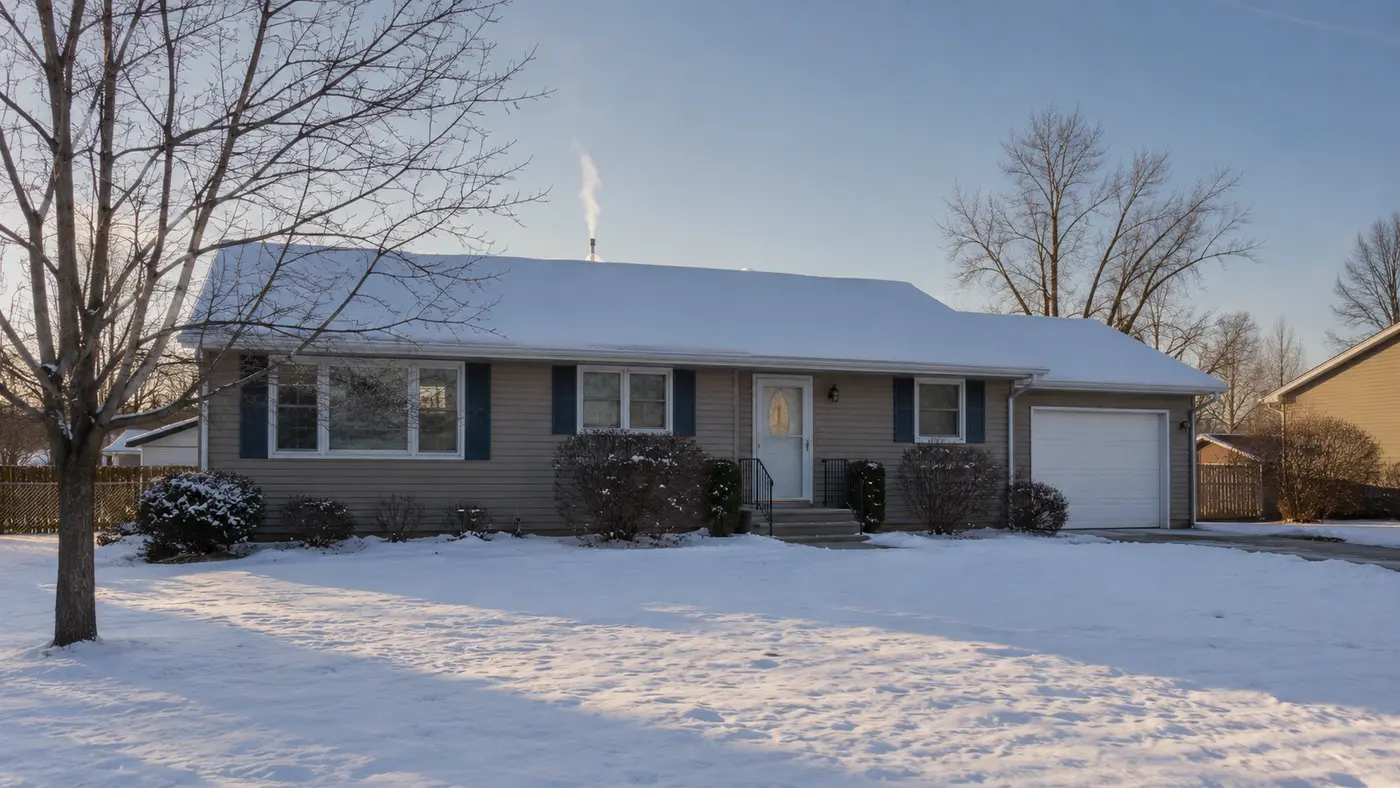 Sioux Falls home on a subzero winter morning with a faint wisp of vapor at the radon vent above the roofline
